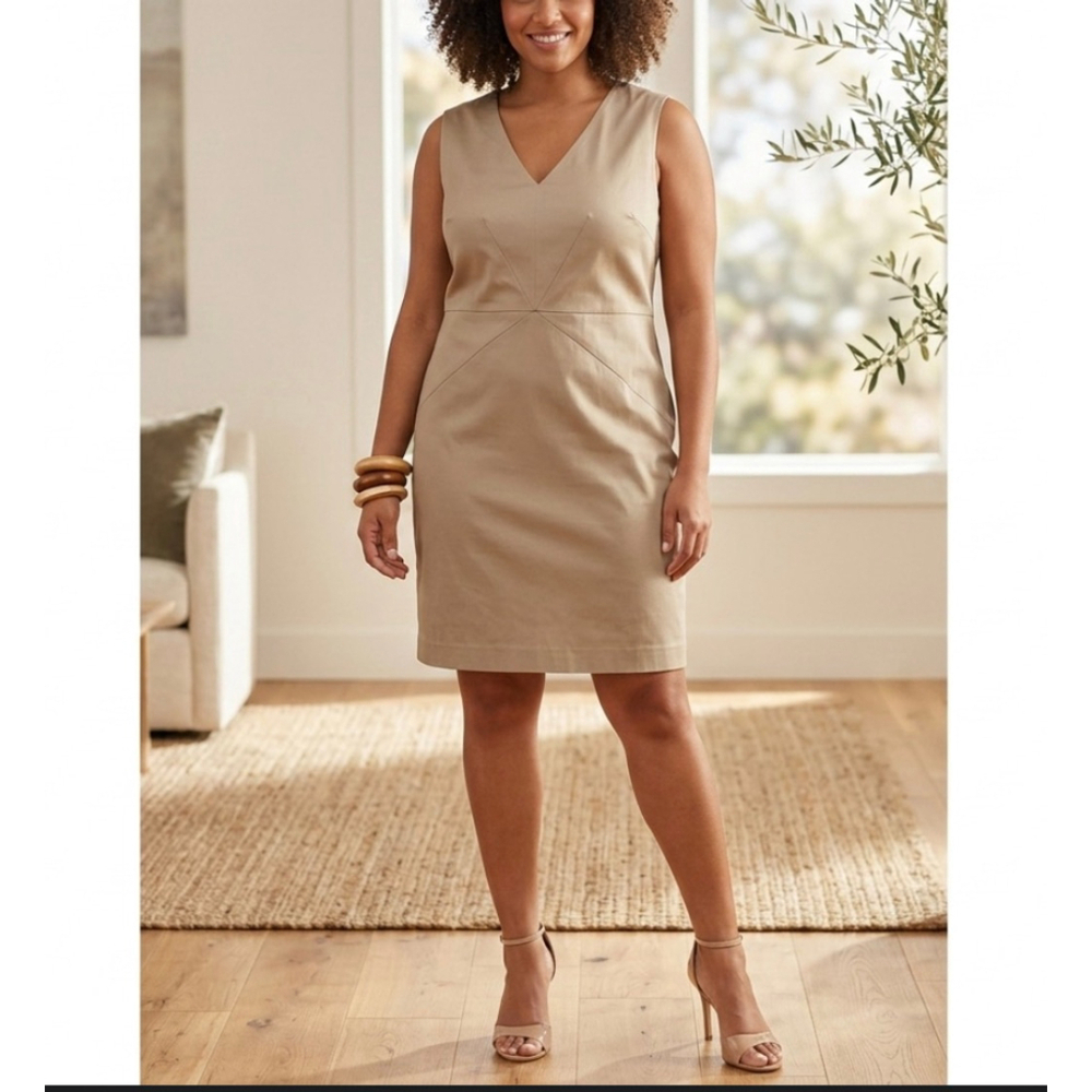 Apostrophe Sleeveless V-Neck Midi Dress in Beige